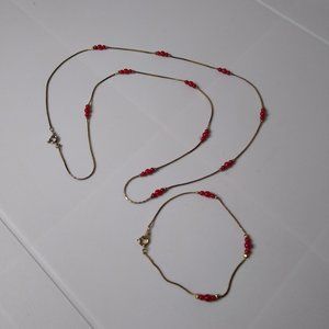 Vintage Small Red Bead Necklace & Bracelet Set